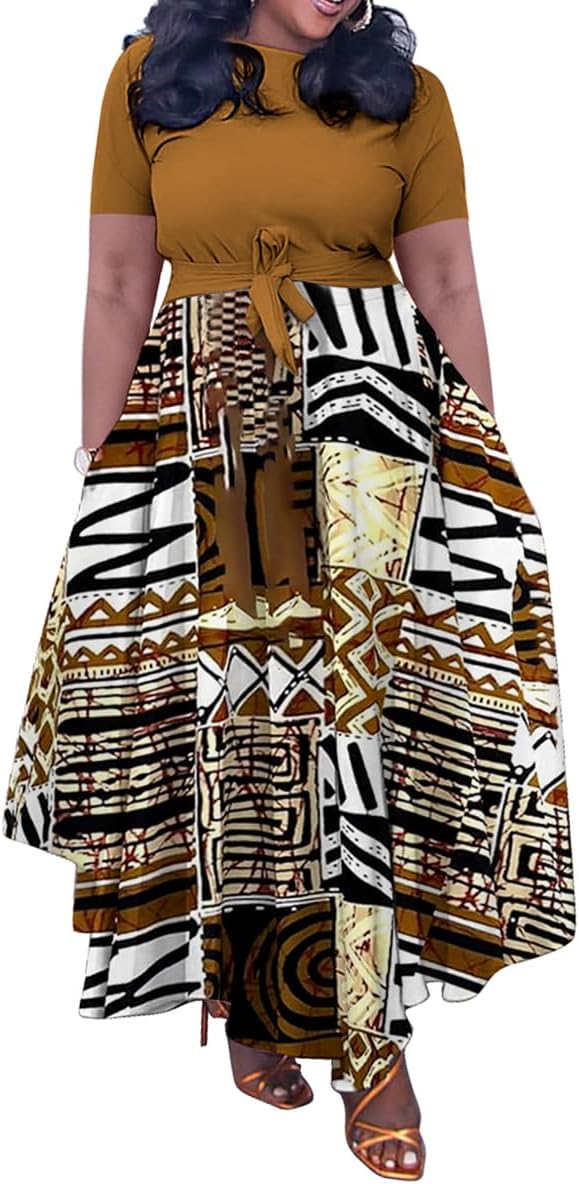 BFFBABY Plus Size Dress A Line Dresses for Women Summer Long Dresses with Sleeve Casual Belted