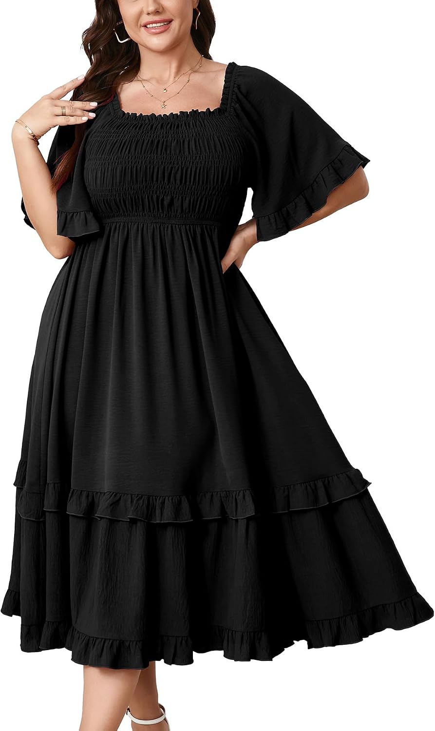 SCOMCHIC Women's Plus Size Maxi Summer Wedding Guest Cocktail Boho Dresses | Short Sleeve, Square Neck Smocked, A line, Fall, Elegant Flowy Long Dress