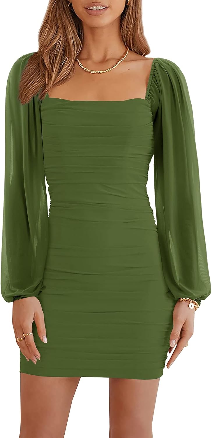 Wenrine Women Mesh Long Sleeve Square Neck Ruched Bodycon Mini Dress | Lantern Sleeve,Stretchy,Elegant,Club Party,Cocktail,Going Out,Semi Formal,Prom,Homecoming,Wedding Guest,Graduation,Teen Dress