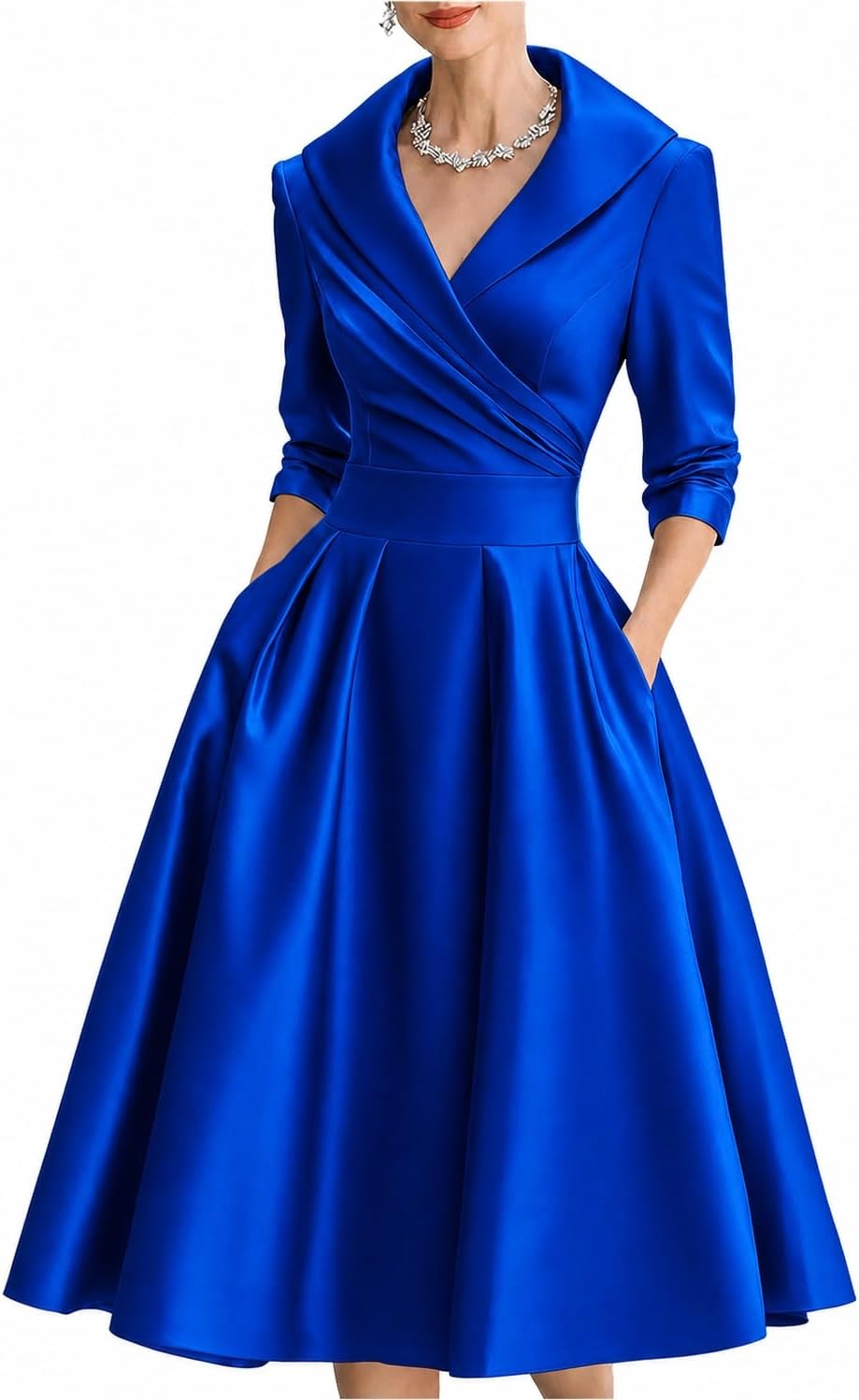 SHINFY Women's Satin Formal Wrap Long Sleeve A Line Midi Church Dress | Casual Elegant Semi-Formal V-Neck Silky Dresses with Pocket for Work Church Weddings and Dinners Polished