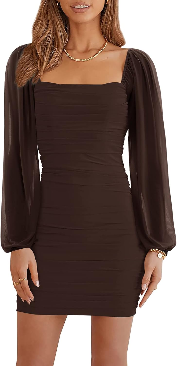 Wenrine Women Mesh Long Sleeve Square Neck Ruched Bodycon Mini Dress | Lantern Sleeve,Stretchy,Elegant,Club Party,Cocktail,Going Out,Semi Formal,Prom,Homecoming,Wedding Guest,Graduation,Teen Dress