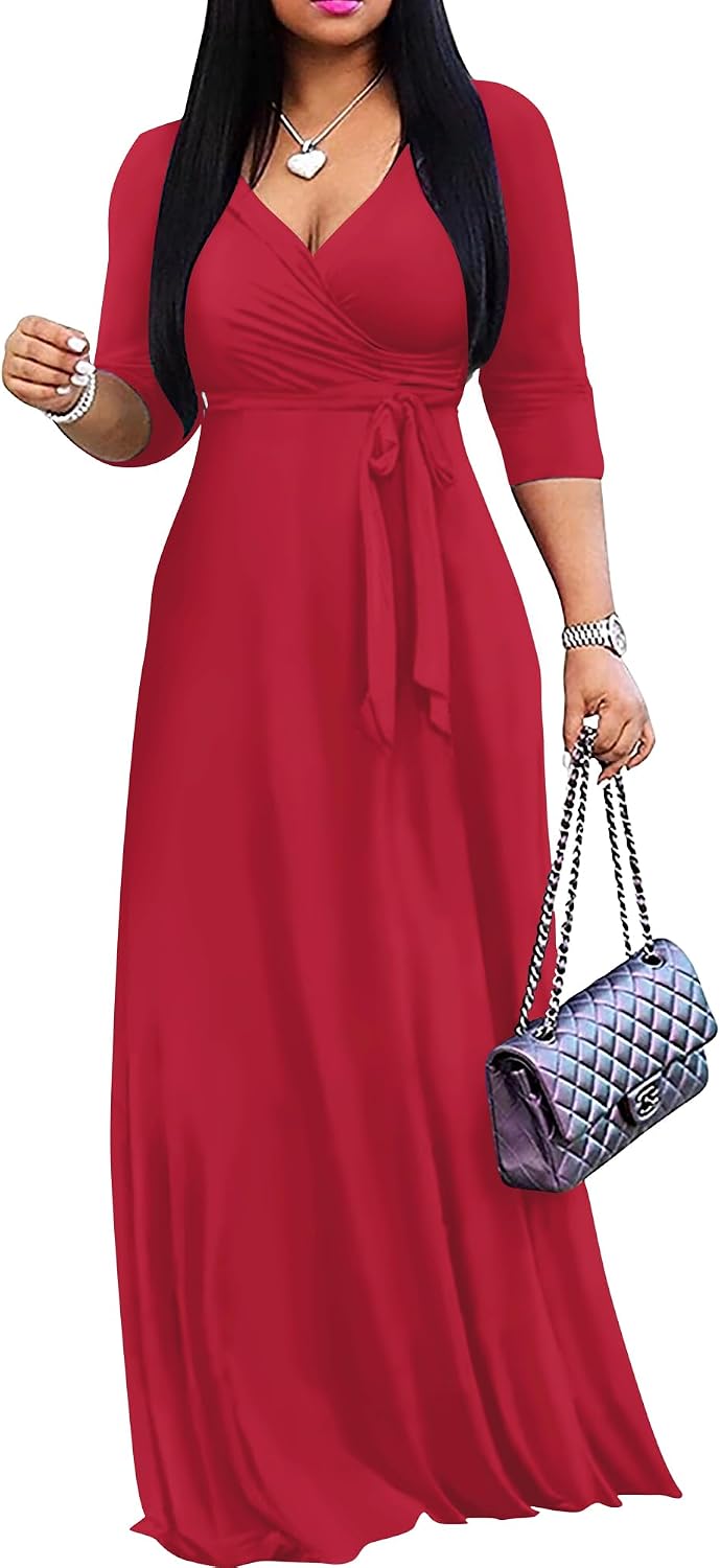 FANDEE Women's 2026 Maxi Dress - Solid Color Bohemian Summer Long Maxi Dress V-Neck 3\/4 Sleeve