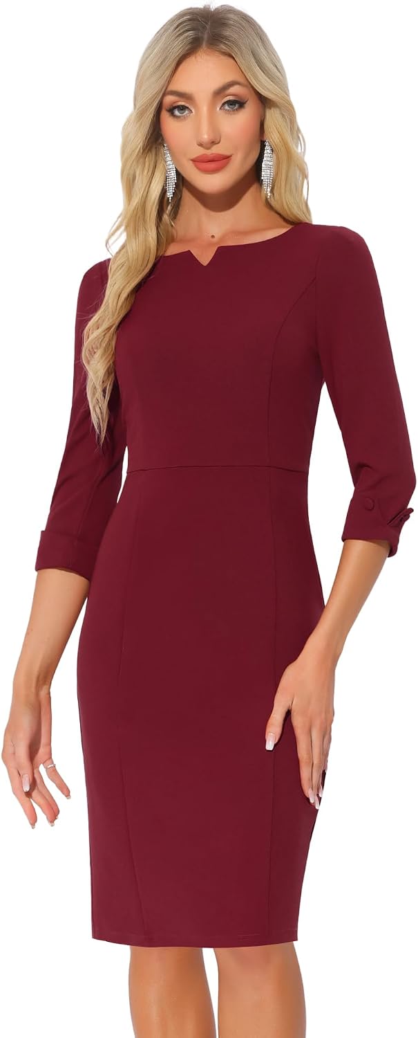Allegra K Work Dress for Women 3\/4 Sleeve Business Casual Sheath Dresses | Boat Neck, Back Slit, Bodycon, Office, Professional, Vintage, Interview, Church Wear, Dressy Casual