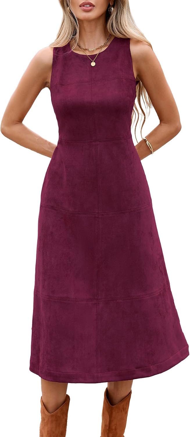 Faux Suede Dresses for Women Sleeveless Back Zipper Midi Sheath Dresses | Classic Round Neck; Functional Side Pockets; Concealed Back Zipper; Sleeveless Dresses; Night Out Dress