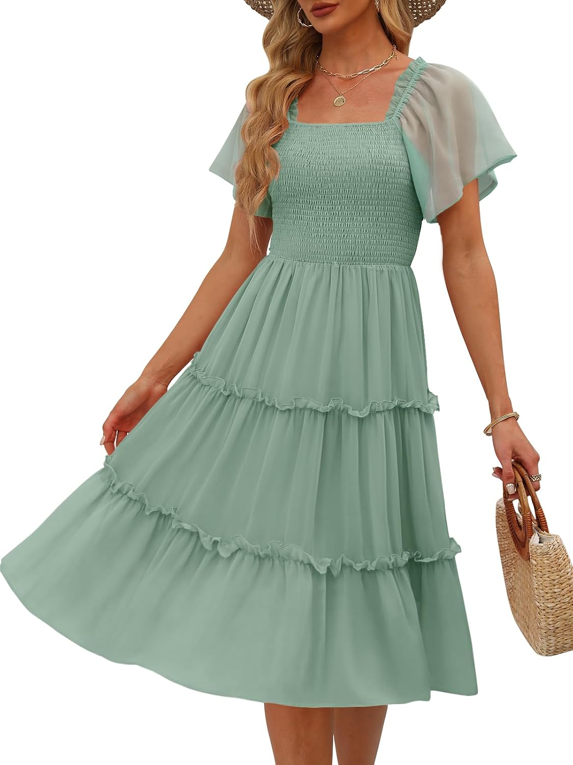 LILLUSORY Women Tiered Flutter Sleeve Square Neck Smocked Midi Dress | Beach Vacation Outfits, Boho Resort Wear, Spring & Summer Staple, Cottagecore Aesthetic Fashion