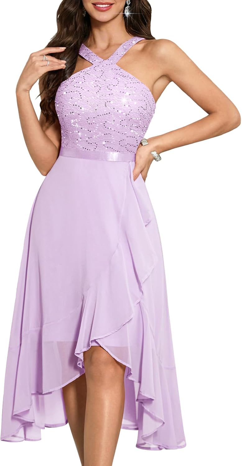 Bbonlinedress Women's Halter Formal Wedding Guest Cocktail Dress Sequin Hi-Lo Prom Bridesmaid Evening Chiffon Dress for Teens
