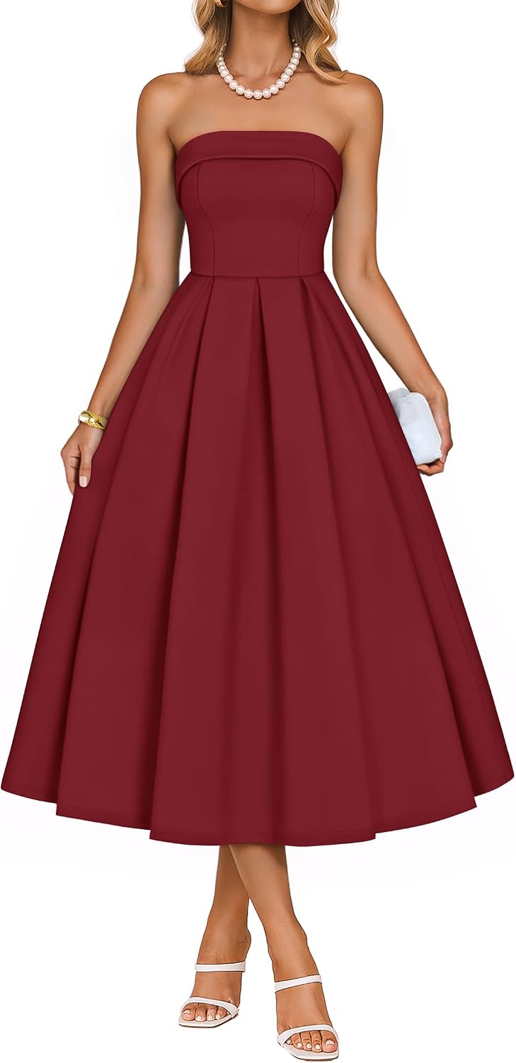 ZESICA Women's Summer Strapless Cocktail Party Dresses | Off Shoulder, Flowy A Line, Midi Dress, Wedding Guest, Semi Formal, Rehearsal Dinner, Engagement, 2026 Night Out Clothes