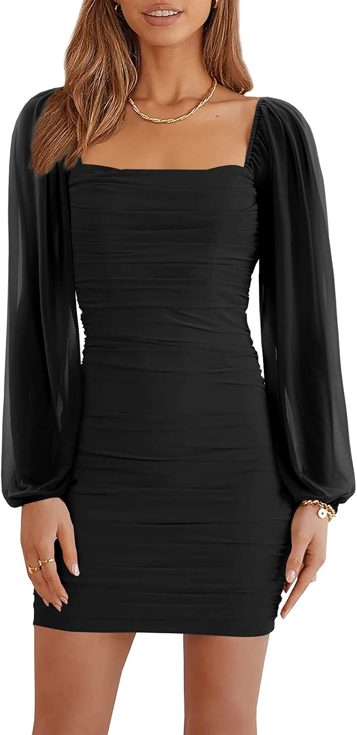 Wenrine Women Mesh Long Sleeve Square Neck Ruched Bodycon Mini Dress | Lantern Sleeve,Stretchy,Elegant,Club Party,Cocktail,Going Out,Semi Formal,Prom,Homecoming,Wedding Guest,Graduation,Teen Dress