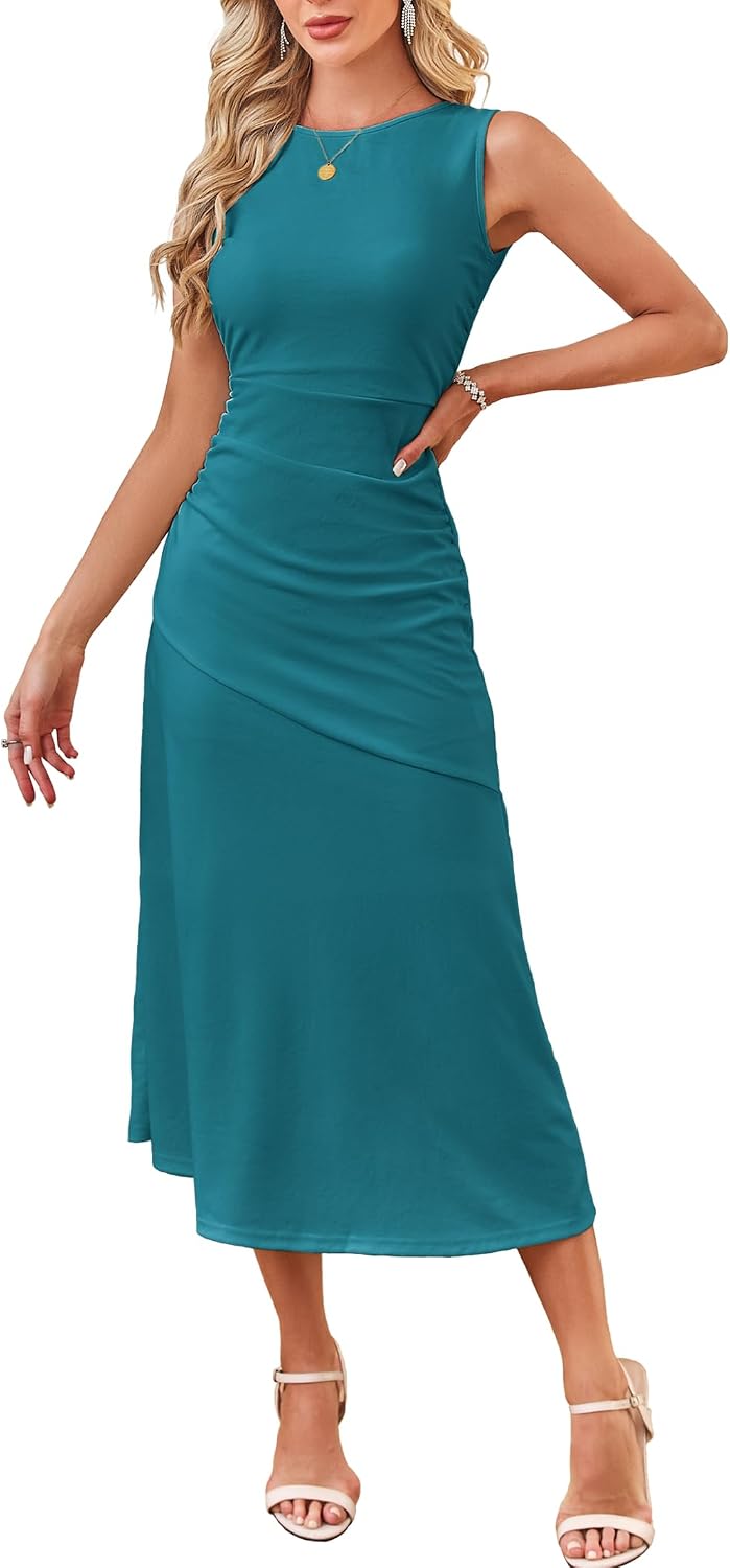 Kikibell Women's Cocktail Dresses Sleeveless Ruched Elegant Semi Formal Wedding Guest Prom Party Summer Maxi Dress