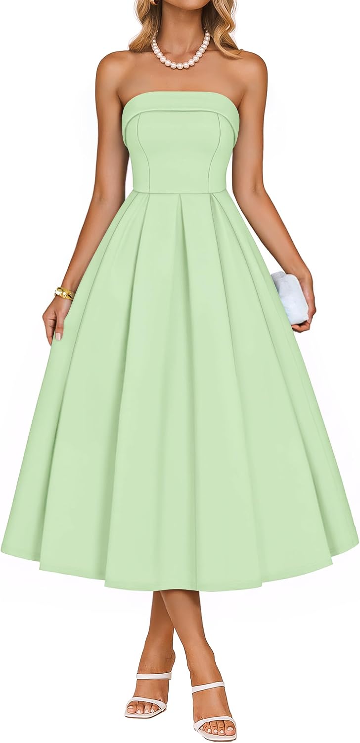 ZESICA Women's Summer Strapless Cocktail Party Dresses | Off Shoulder, Flowy A Line, Midi Dress, Wedding Guest, Semi Formal, Rehearsal Dinner, Engagement, 2026 Night Out Clothes