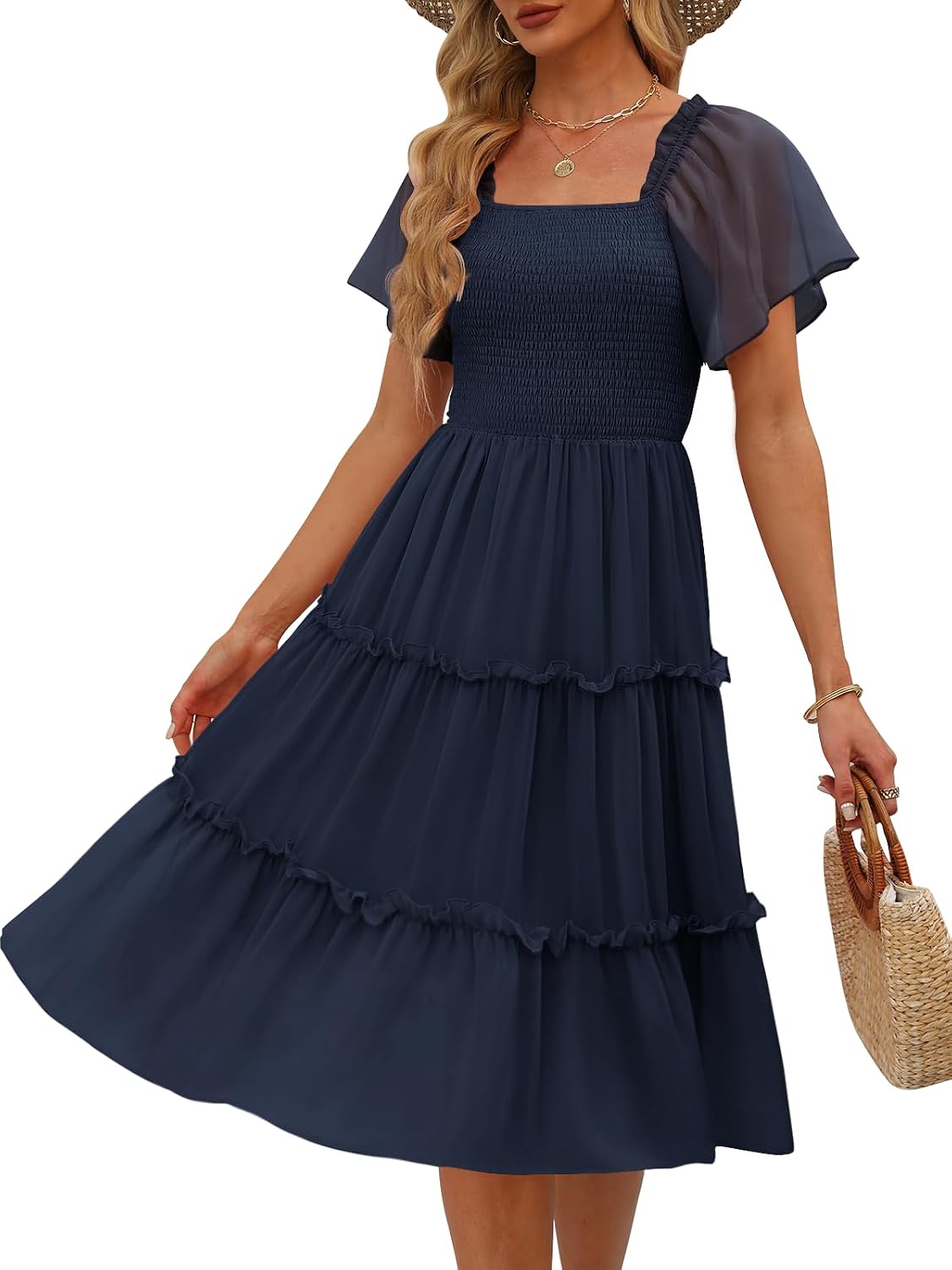 LILLUSORY Women Tiered Flutter Sleeve Square Neck Smocked Midi Dress | Beach Vacation Outfits, Boho Resort Wear, Spring & Summer Staple, Cottagecore Aesthetic Fashion