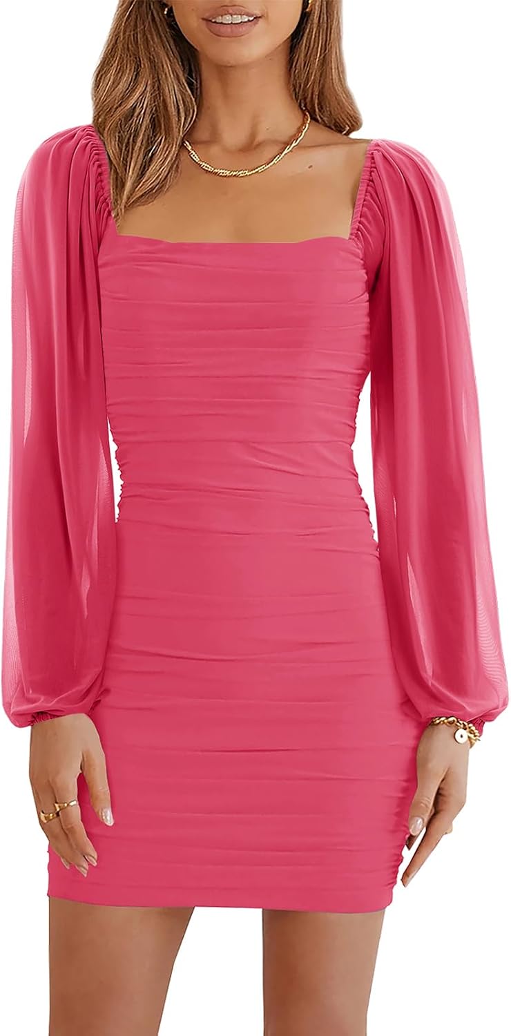 Wenrine Women Mesh Long Sleeve Square Neck Ruched Bodycon Mini Dress | Lantern Sleeve,Stretchy,Elegant,Club Party,Cocktail,Going Out,Semi Formal,Prom,Homecoming,Wedding Guest,Graduation,Teen Dress