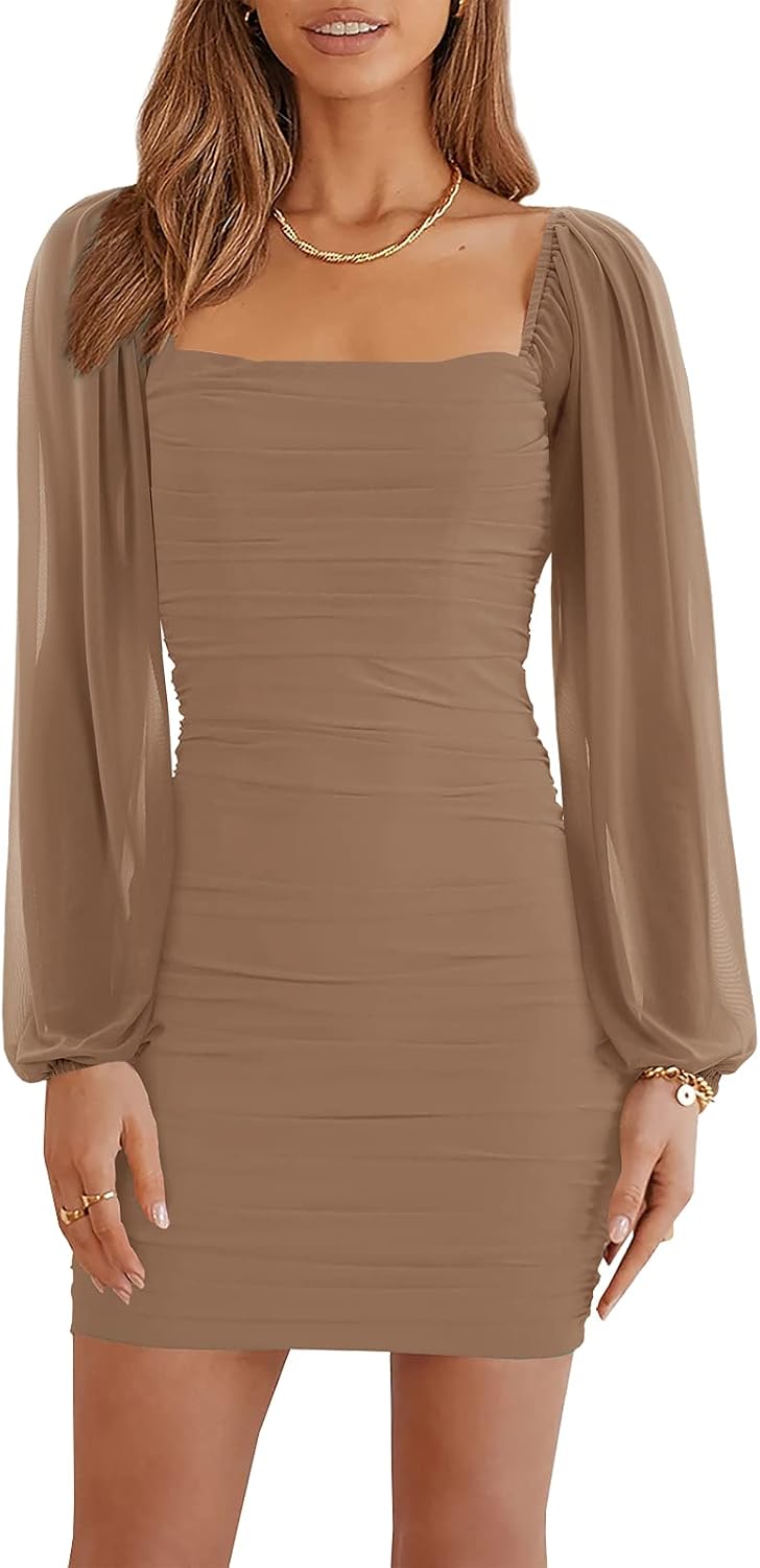 Wenrine Women Mesh Long Sleeve Square Neck Ruched Bodycon Mini Dress | Lantern Sleeve,Stretchy,Elegant,Club Party,Cocktail,Going Out,Semi Formal,Prom,Homecoming,Wedding Guest,Graduation,Teen Dress