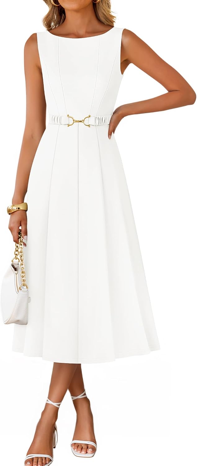 ZESICA Women's Summer Sleeveless 2026 Formal Cocktail Party Midi Dresses | Boat Neck, Flowy A Line Tie Waist, Business Casual Work Office Dressy Outfits, Elegant Beach Wedding Guest Graduation Dress