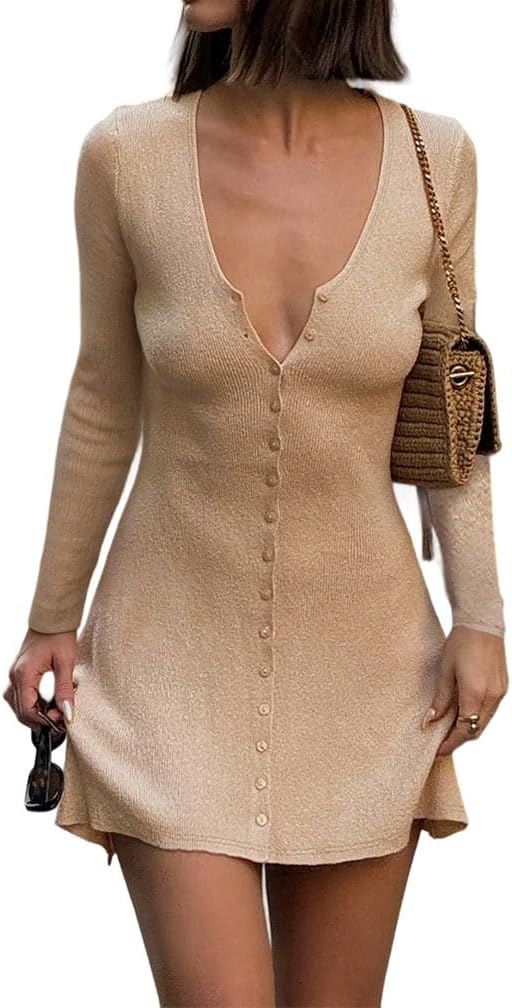 GCZREN Women Sexy Deep V Neck Button Front Knit Mini Dress Elegant Long Sleeve Ribbed Flowy Hem A-Line Short Dresses