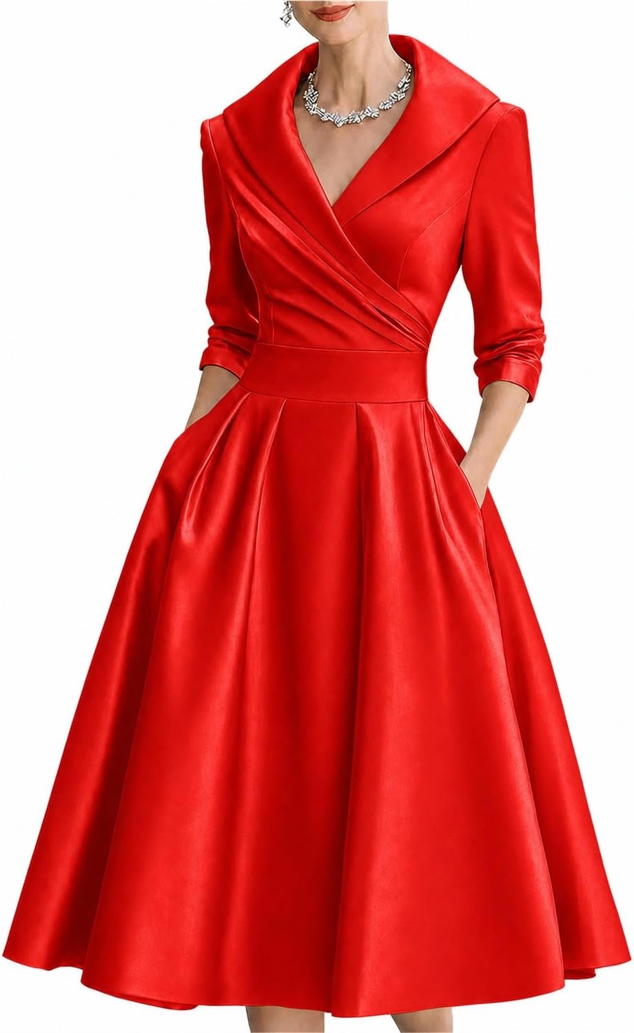 SHINFY Women's Satin Formal Wrap Long Sleeve A Line Midi Church Dress | Casual Elegant Semi-Formal V-Neck Silky Dresses with Pocket for Work Church Weddings and Dinners Polished