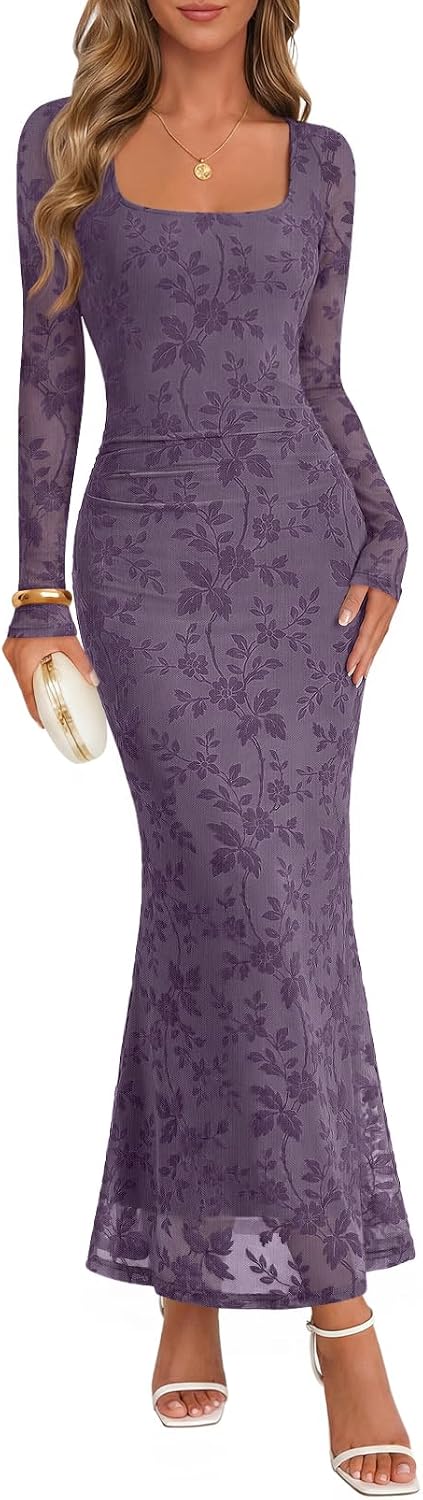MEROKEETY Women Fall Formal Wedding Guest Long Sleeve Floral Cocktail Dress | 2026, Maxi, Flocked Mesh Fabric, Square Neck, Bodycon, Fitted, Ruched, Baby Shower, Bridal Shower, Winter Holiday Party Dress