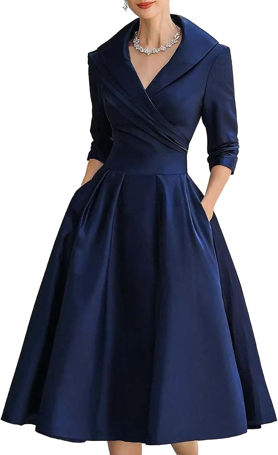 SHINFY Women's Satin Formal Wrap Long Sleeve A Line Midi Church Dress | Casual Elegant Semi-Formal V-Neck Silky Dresses with Pocket for Work Church Weddings and Dinners Polished