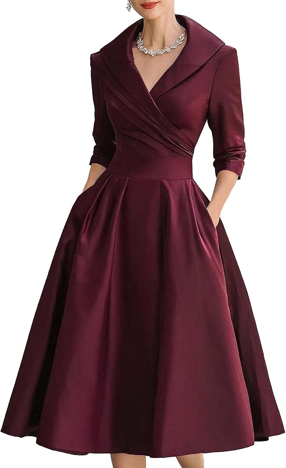 SHINFY Women's Satin Formal Wrap Long Sleeve A Line Midi Church Dress | Casual Elegant Semi-Formal V-Neck Silky Dresses with Pocket for Work Church Weddings and Dinners Polished
