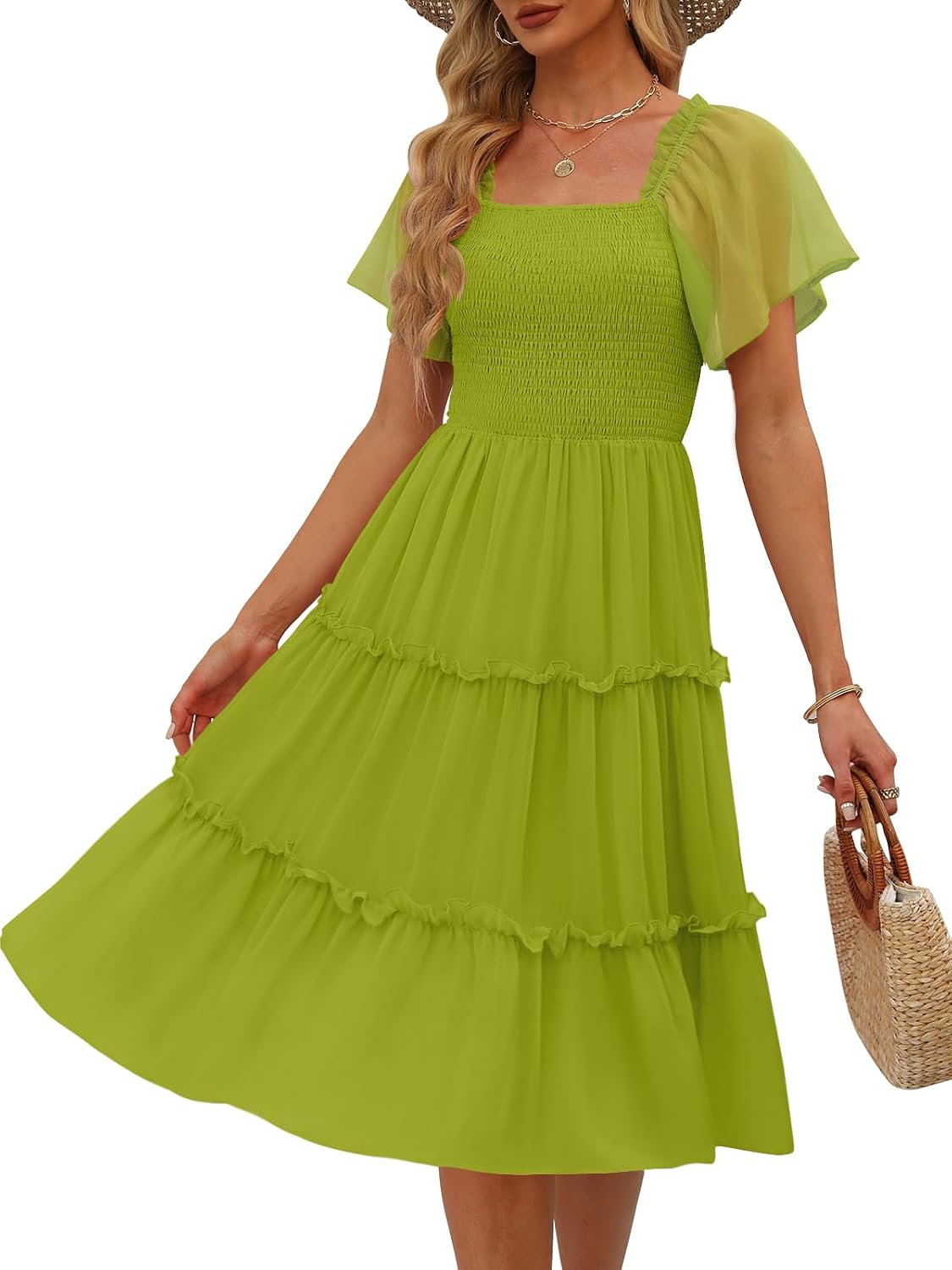 LILLUSORY Women Tiered Flutter Sleeve Square Neck Smocked Midi Dress | Beach Vacation Outfits, Boho Resort Wear, Spring & Summer Staple, Cottagecore Aesthetic Fashion