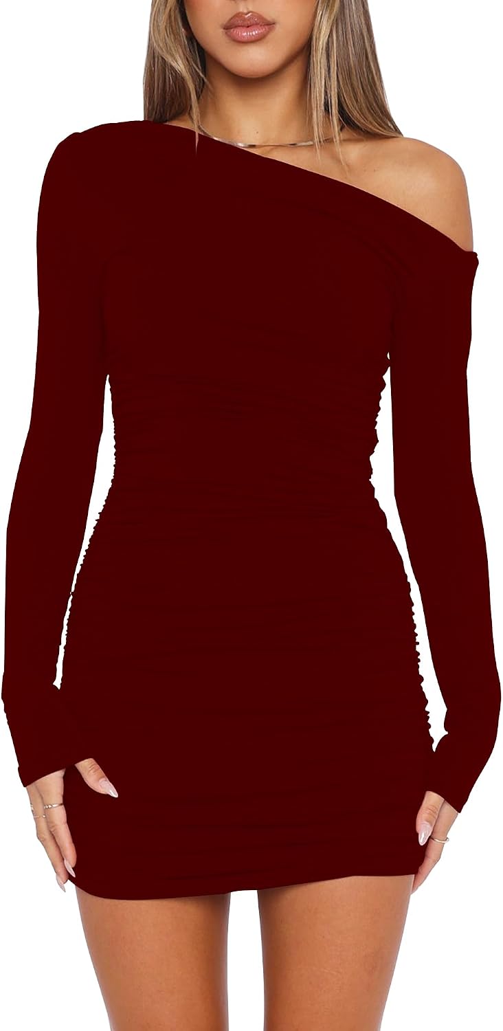 Mokoru Women's Sexy Off Shoulder Long Sleeve Cocktail Mini Dress | Elegant Ruched Bodycon Party Short Dresses