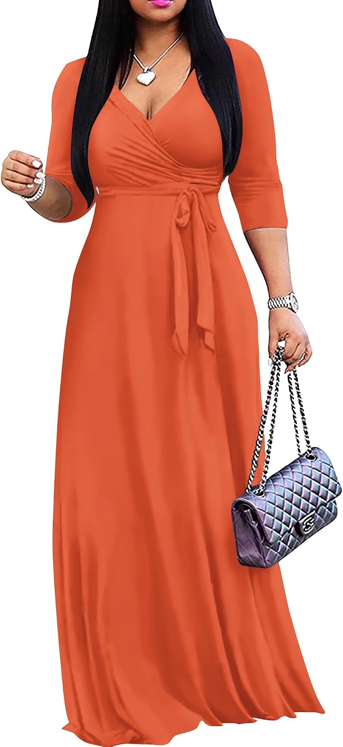 FANDEE Women's 2026 Maxi Dress - Solid Color Bohemian Summer Long Maxi Dress V-Neck 3\/4 Sleeve