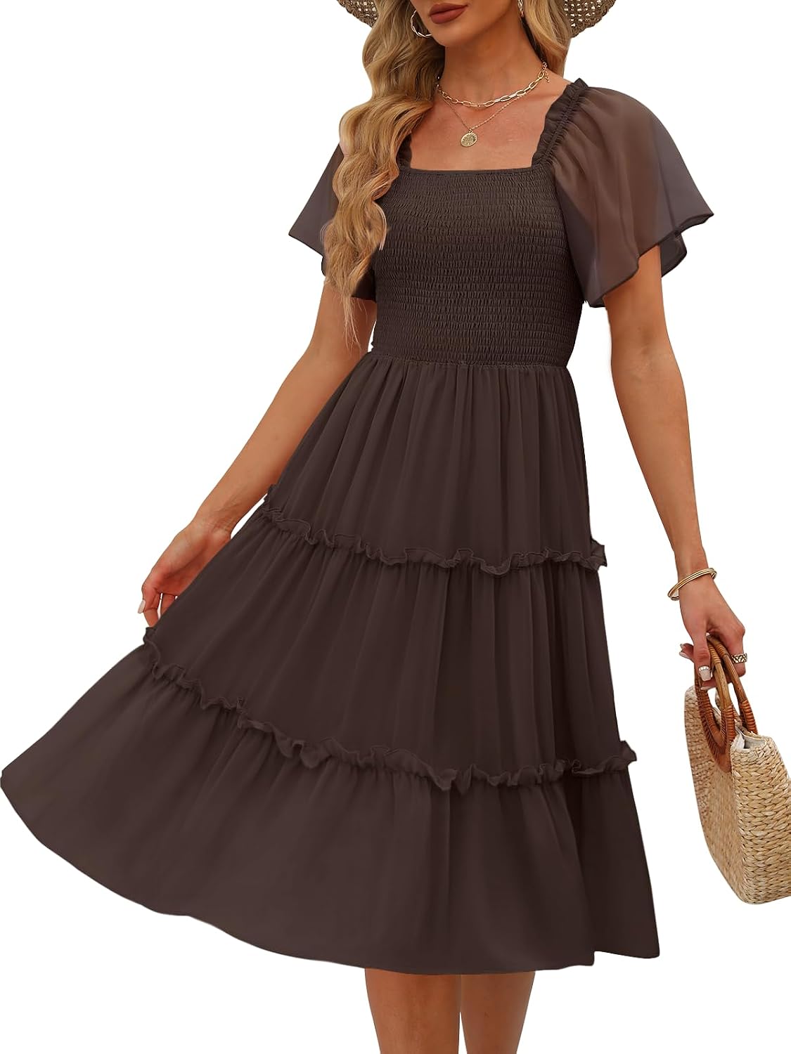 LILLUSORY Women Tiered Flutter Sleeve Square Neck Smocked Midi Dress | Beach Vacation Outfits, Boho Resort Wear, Spring & Summer Staple, Cottagecore Aesthetic Fashion