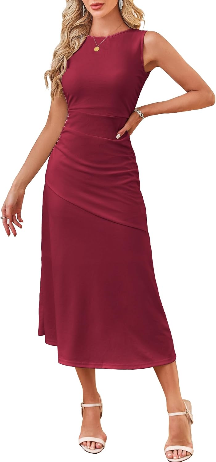 Kikibell Women's Cocktail Dresses Sleeveless Ruched Elegant Semi Formal Wedding Guest Prom Party Summer Maxi Dress