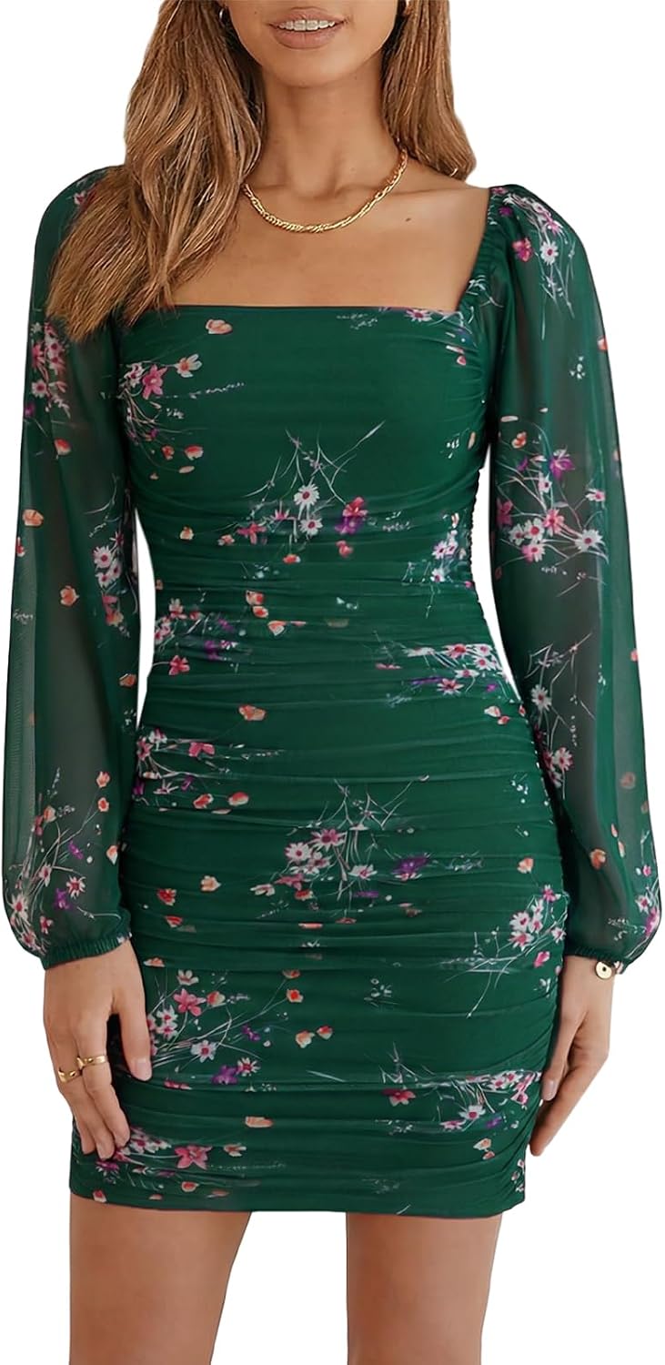 Wenrine Women Mesh Long Sleeve Square Neck Ruched Bodycon Mini Dress | Lantern Sleeve,Stretchy,Elegant,Club Party,Cocktail,Going Out,Semi Formal,Prom,Homecoming,Wedding Guest,Graduation,Teen Dress