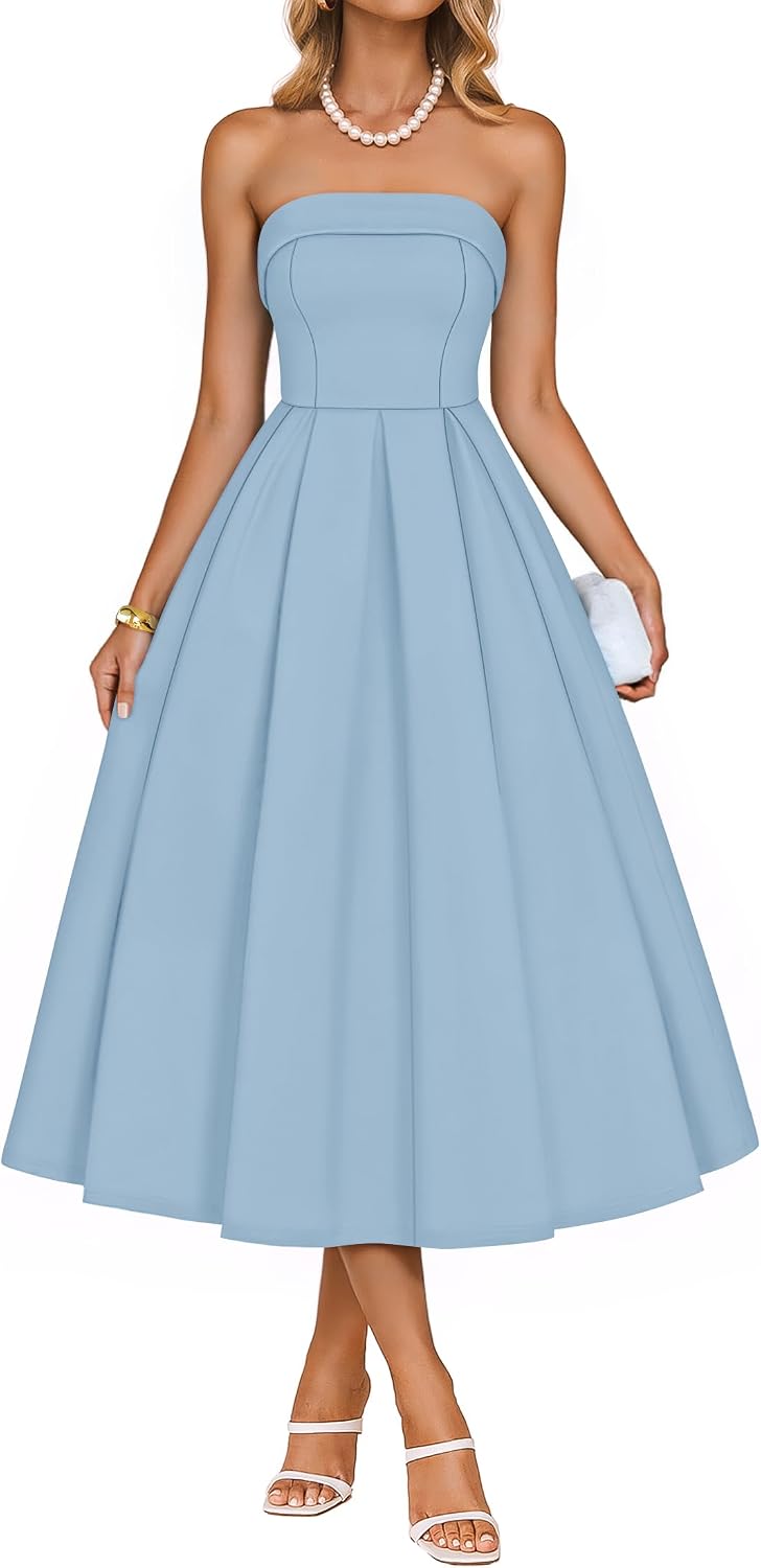 ZESICA Women's Summer Strapless Cocktail Party Dresses | Off Shoulder, Flowy A Line, Midi Dress, Wedding Guest, Semi Formal, Rehearsal Dinner, Engagement, 2026 Night Out Clothes