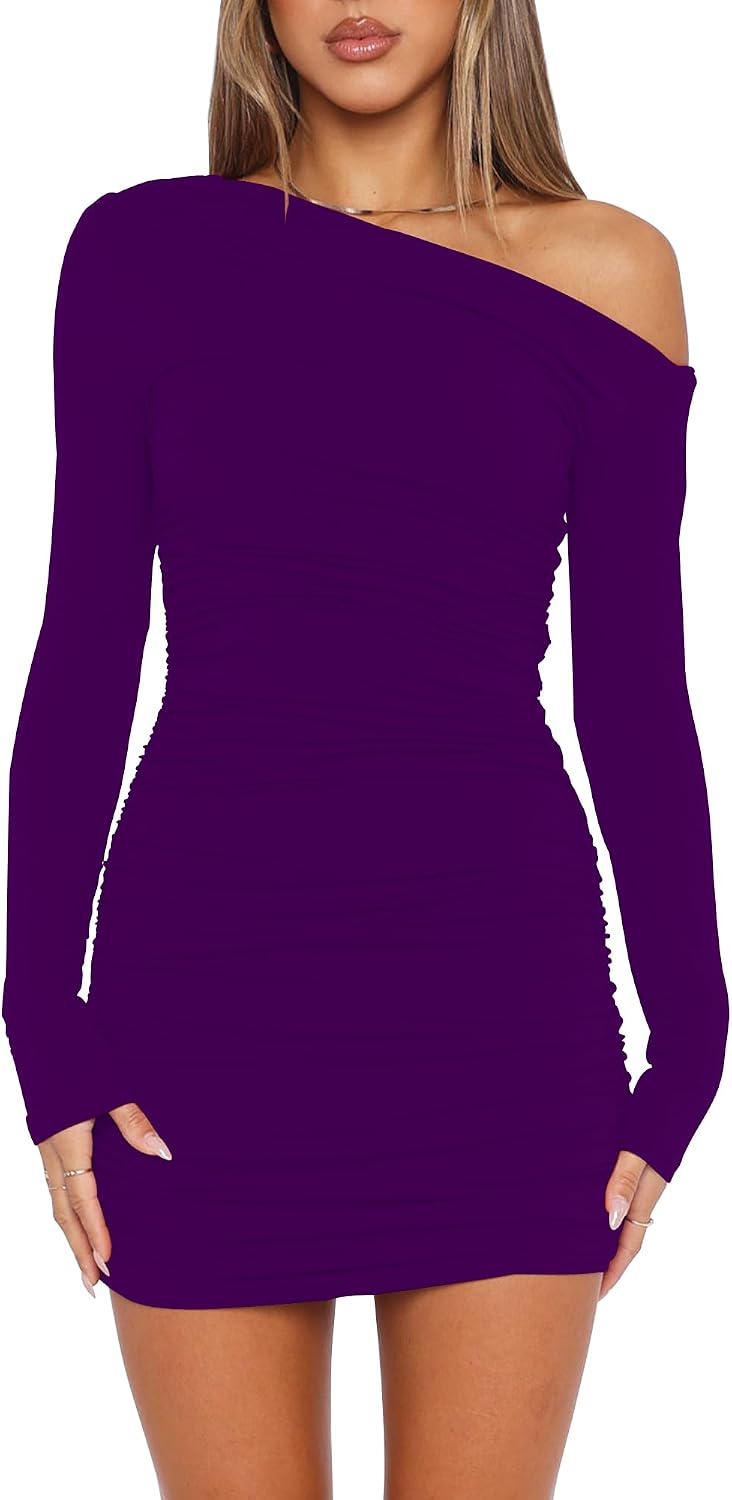 Mokoru Women's Sexy Off Shoulder Long Sleeve Cocktail Mini Dress | Elegant Ruched Bodycon Party Short Dresses