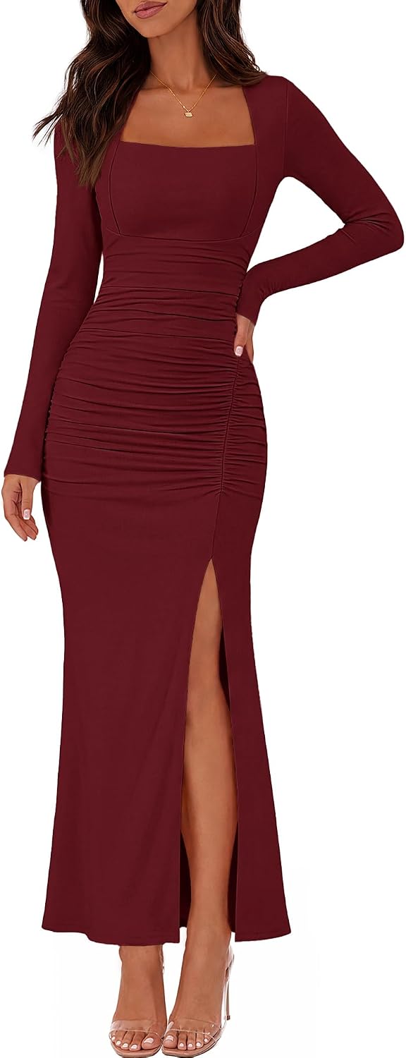 MEROKEETY Womens Fall Long Sleeve Wedding Guest Formal Cocktail Maxi Dress | Elegant Square Neck, Ruched, Bodycon, Side Slit, Slim Fit, 2026 Sexy Trendy Fashion, Party Date Night Prom Long Dresses