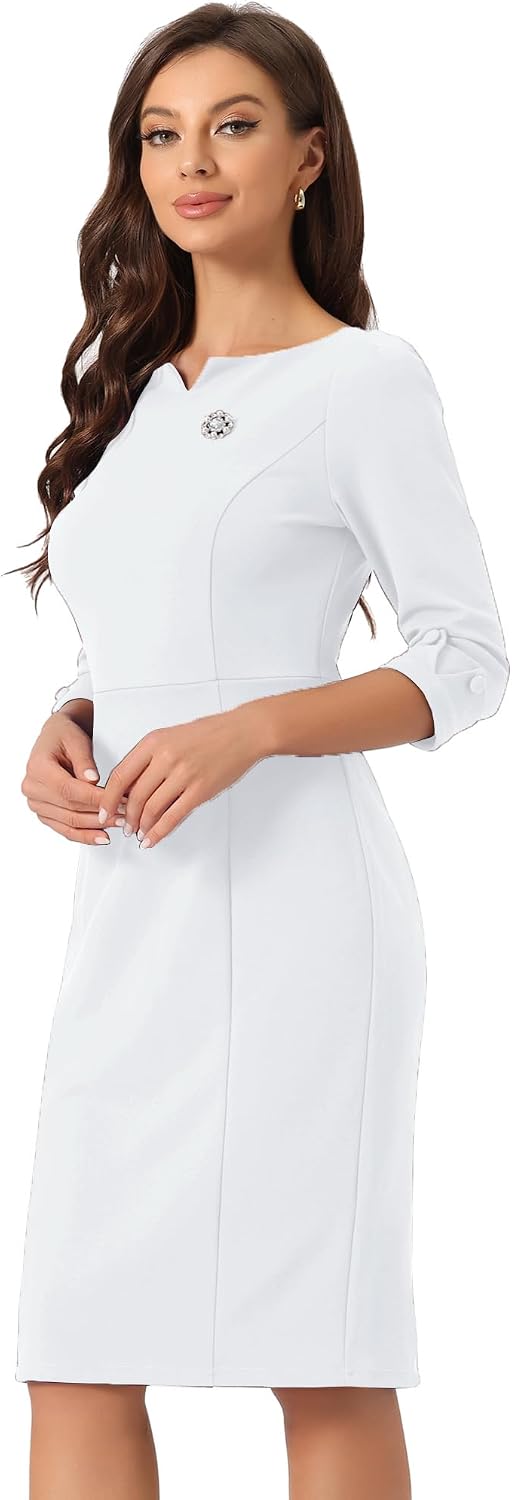 Allegra K Work Dress for Women 3\/4 Sleeve Business Casual Sheath Dresses | Boat Neck, Back Slit, Bodycon, Office, Professional, Vintage, Interview, Church Wear, Dressy Casual