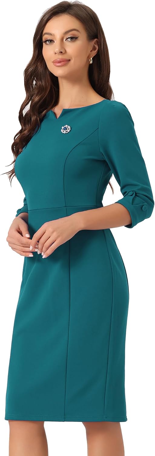 Allegra K Work Dress for Women 3\/4 Sleeve Business Casual Sheath Dresses | Boat Neck, Back Slit, Bodycon, Office, Professional, Vintage, Interview, Church Wear, Dressy Casual
