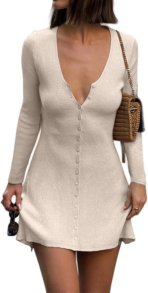 GCZREN Women Sexy Deep V Neck Button Front Knit Mini Dress Elegant Long Sleeve Ribbed Flowy Hem A-Line Short Dresses