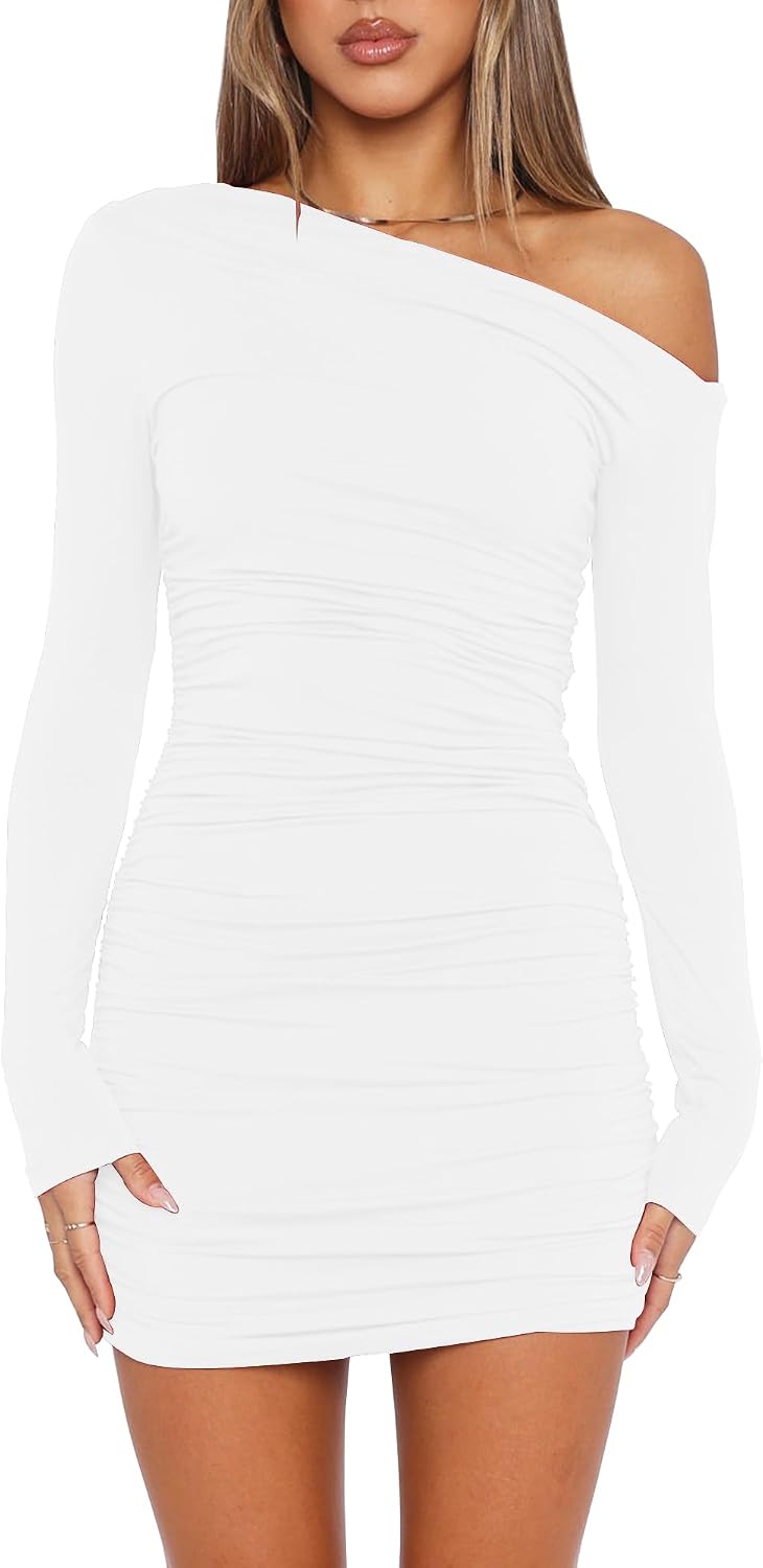 Mokoru Women's Sexy Off Shoulder Long Sleeve Cocktail Mini Dress | Elegant Ruched Bodycon Party Short Dresses