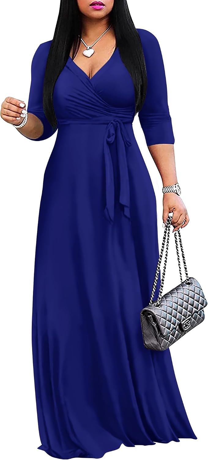 FANDEE Women's 2026 Maxi Dress - Solid Color Bohemian Summer Long Maxi Dress V-Neck 3\/4 Sleeve