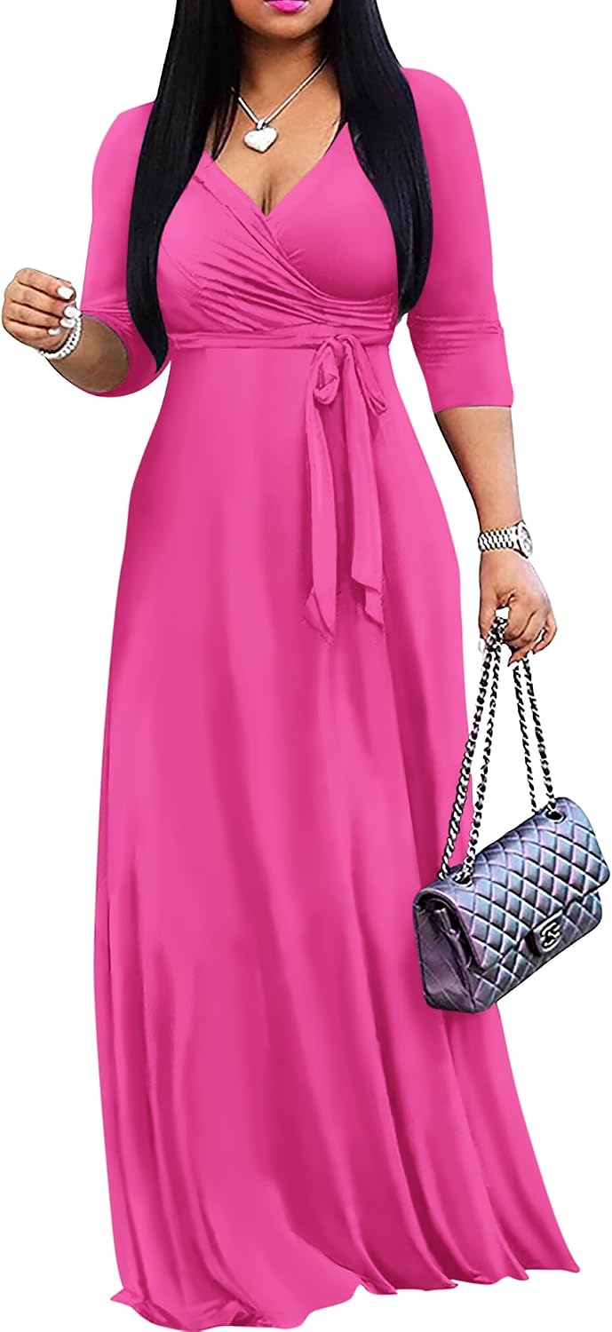 FANDEE Women's 2026 Maxi Dress - Solid Color Bohemian Summer Long Maxi Dress V-Neck 3\/4 Sleeve