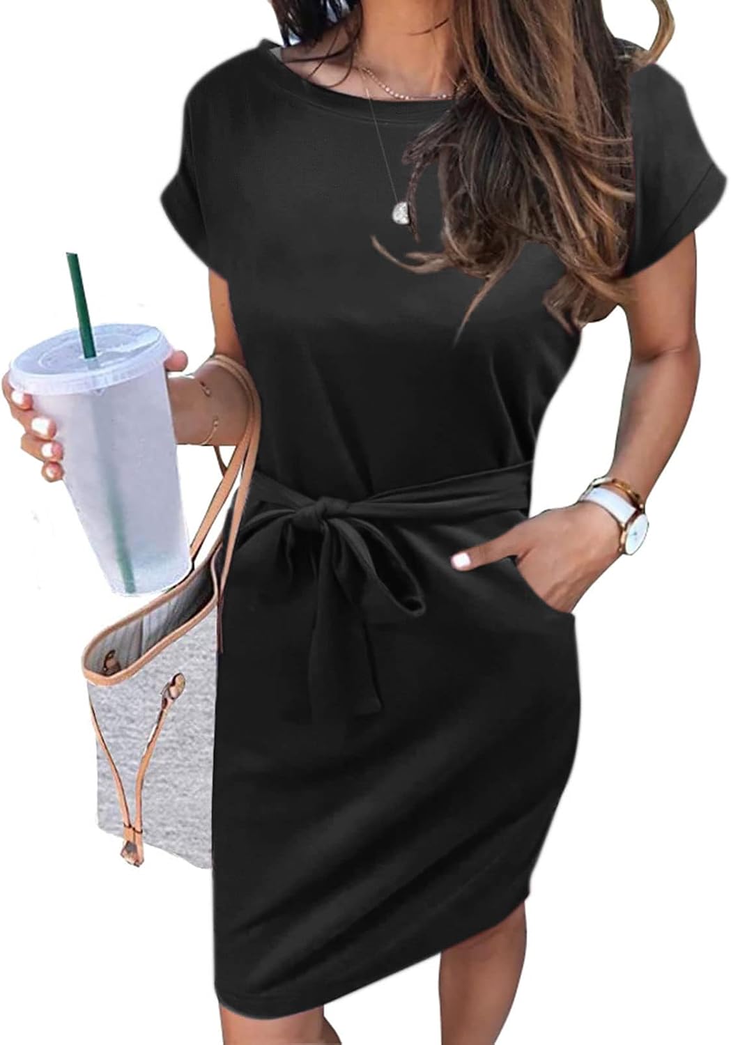 MEROKEETY Women's 2026 Summer Short Sleeve Casual T Shirt Dress | Striped, Tie Waist, Crew Neck, Work Vacation Beach, Trendy Fashion Cute Short Dresses