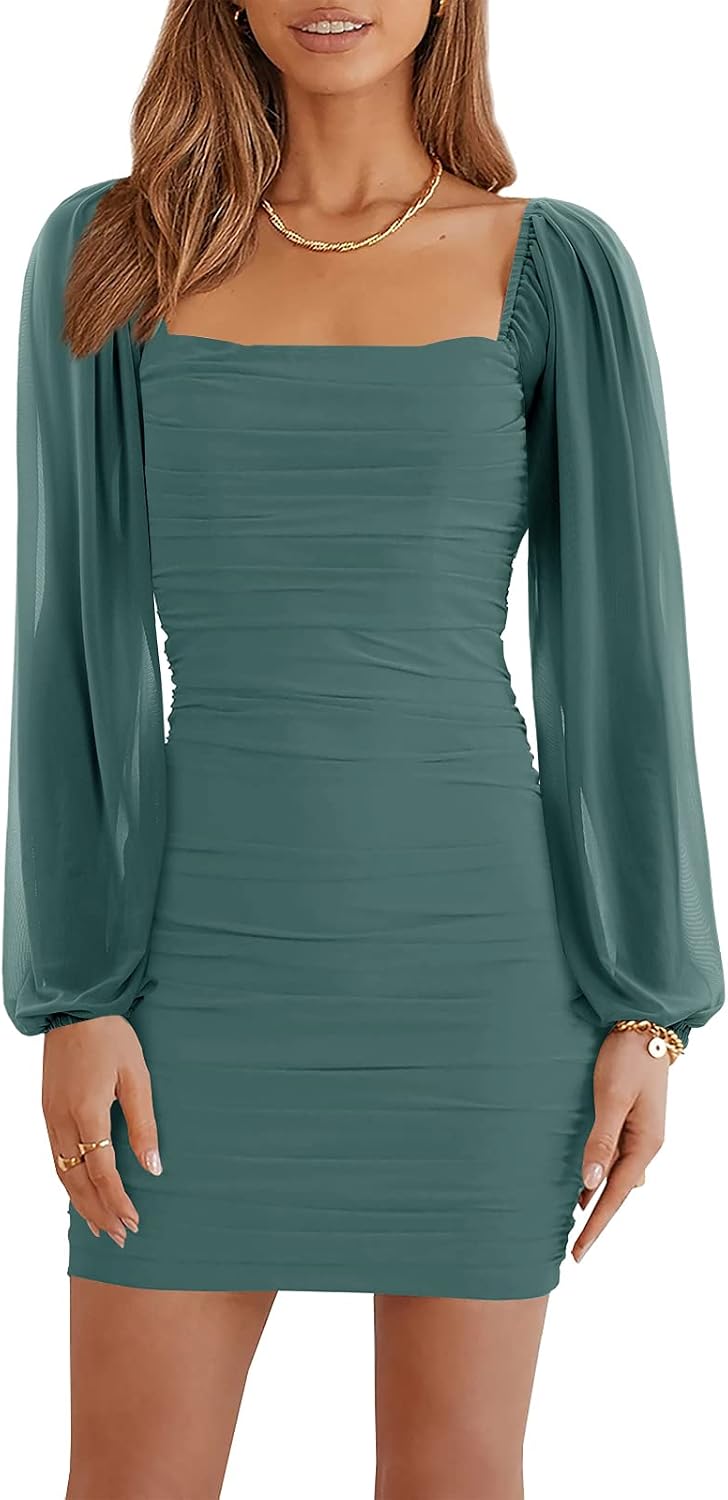 Wenrine Women Mesh Long Sleeve Square Neck Ruched Bodycon Mini Dress | Lantern Sleeve,Stretchy,Elegant,Club Party,Cocktail,Going Out,Semi Formal,Prom,Homecoming,Wedding Guest,Graduation,Teen Dress