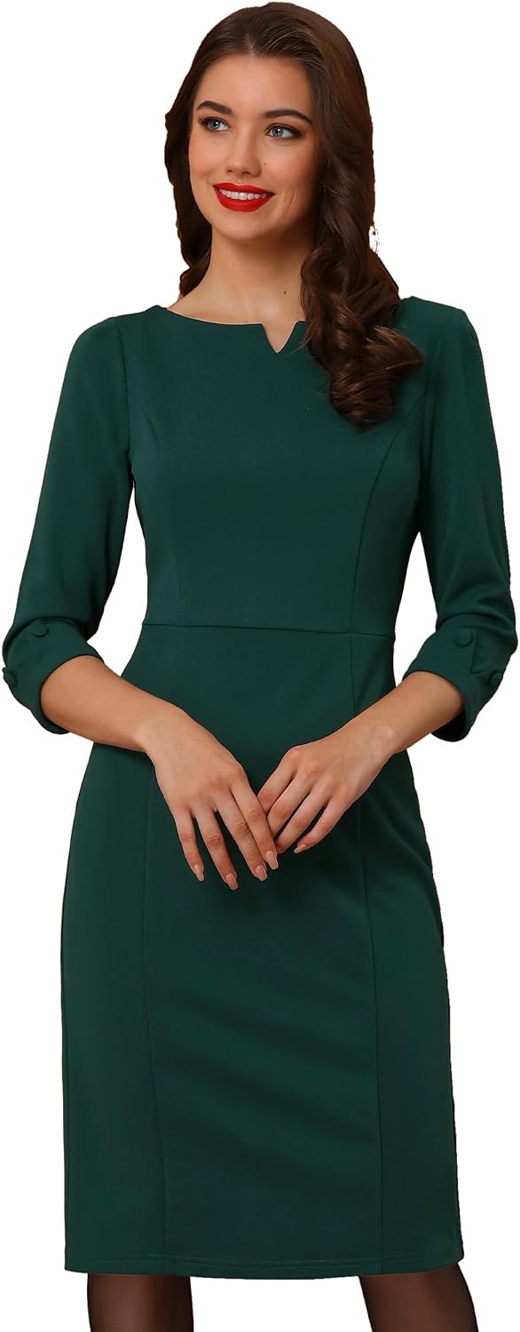 Allegra K Work Dress for Women 3\/4 Sleeve Business Casual Sheath Dresses | Boat Neck, Back Slit, Bodycon, Office, Professional, Vintage, Interview, Church Wear, Dressy Casual