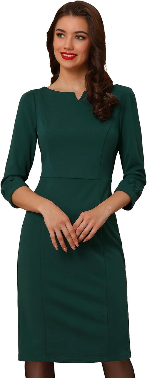 Allegra K Work Dress for Women 3\/4 Sleeve Business Casual Sheath Dresses | Boat Neck, Back Slit, Bodycon, Office, Professional, Vintage, Interview, Church Wear, Dressy Casual
