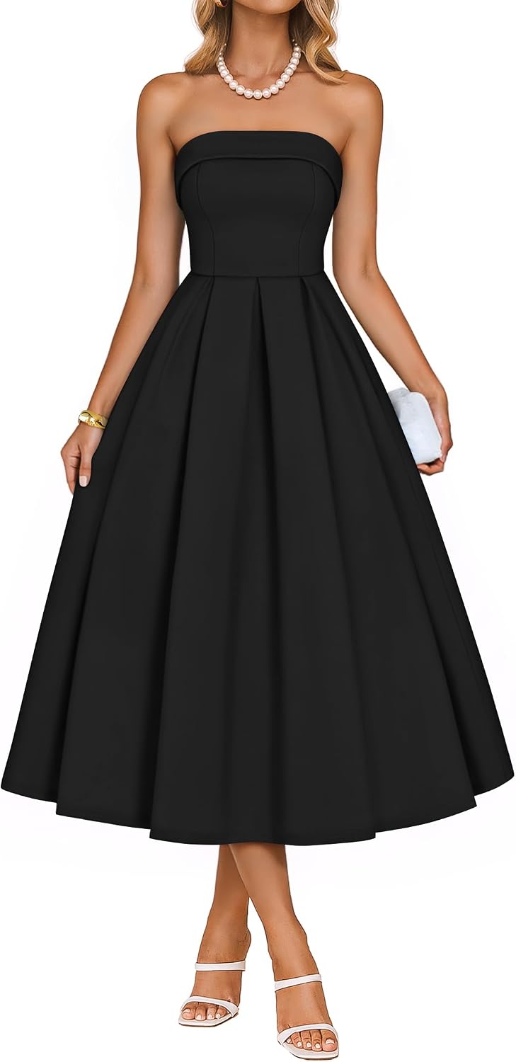 ZESICA Women's Summer Strapless Cocktail Party Dresses | Off Shoulder, Flowy A Line, Midi Dress, Wedding Guest, Semi Formal, Rehearsal Dinner, Engagement, 2026 Night Out Clothes