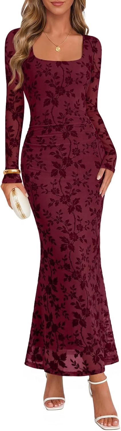 MEROKEETY Women Fall Formal Wedding Guest Long Sleeve Floral Cocktail Dress | 2026, Maxi, Flocked Mesh Fabric, Square Neck, Bodycon, Fitted, Ruched, Baby Shower, Bridal Shower, Winter Holiday Party Dress