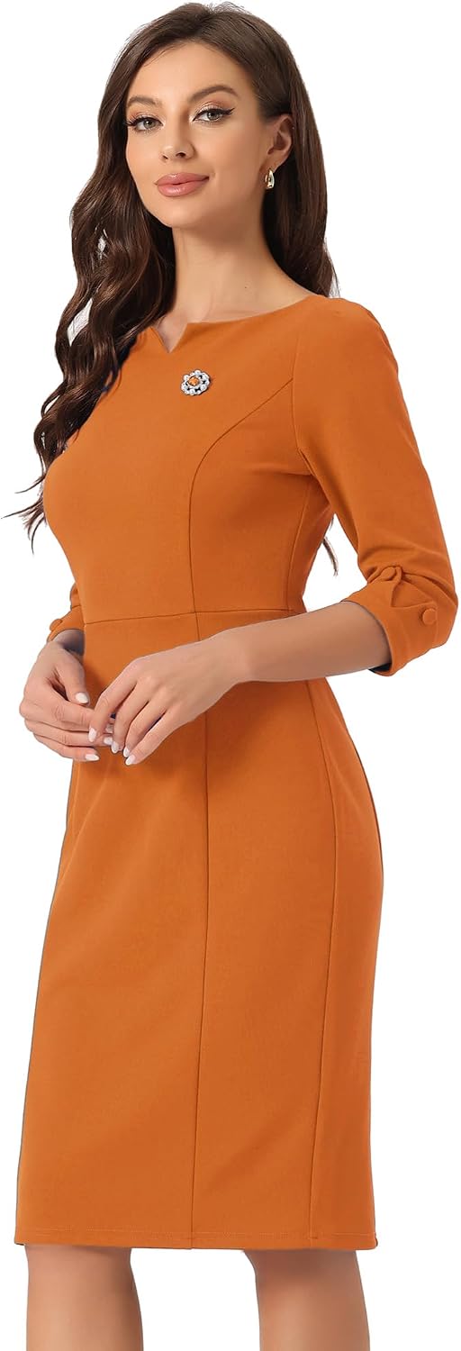 Allegra K Work Dress for Women 3\/4 Sleeve Business Casual Sheath Dresses | Boat Neck, Back Slit, Bodycon, Office, Professional, Vintage, Interview, Church Wear, Dressy Casual