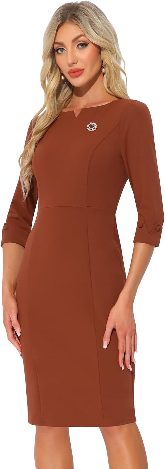Allegra K Work Dress for Women 3\/4 Sleeve Business Casual Sheath Dresses | Boat Neck, Back Slit, Bodycon, Office, Professional, Vintage, Interview, Church Wear, Dressy Casual