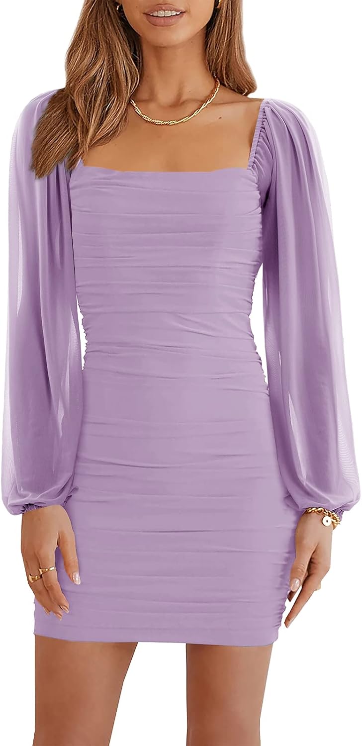 Wenrine Women Mesh Long Sleeve Square Neck Ruched Bodycon Mini Dress | Lantern Sleeve,Stretchy,Elegant,Club Party,Cocktail,Going Out,Semi Formal,Prom,Homecoming,Wedding Guest,Graduation,Teen Dress