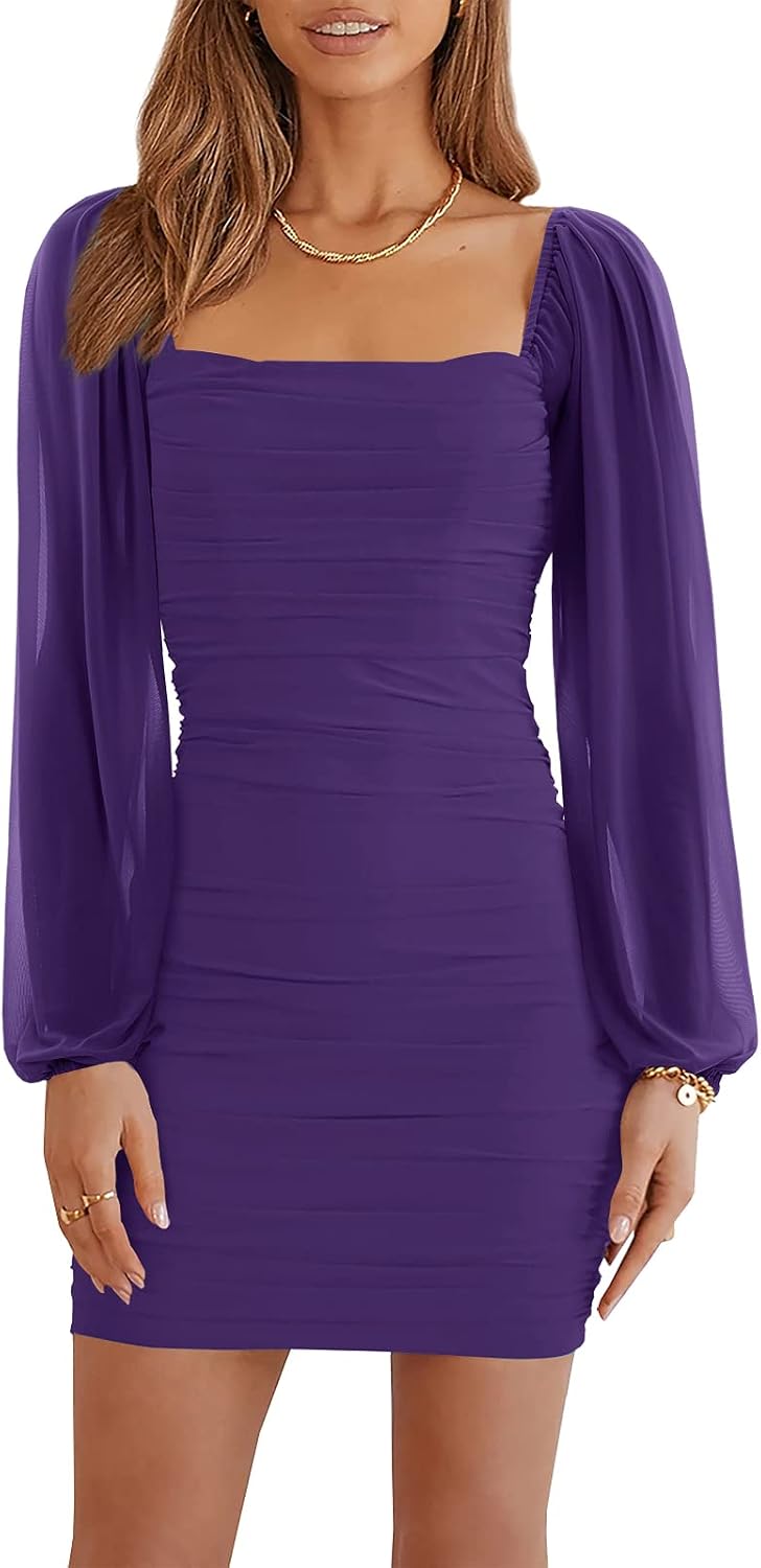 Wenrine Women Mesh Long Sleeve Square Neck Ruched Bodycon Mini Dress | Lantern Sleeve,Stretchy,Elegant,Club Party,Cocktail,Going Out,Semi Formal,Prom,Homecoming,Wedding Guest,Graduation,Teen Dress