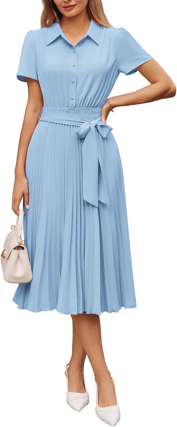 GRACE KARIN Women's 2026 Summer Midi Work Dress Short Sleeve Button Shirt Dresses A Line Pleated Belt Business Casual Dresses