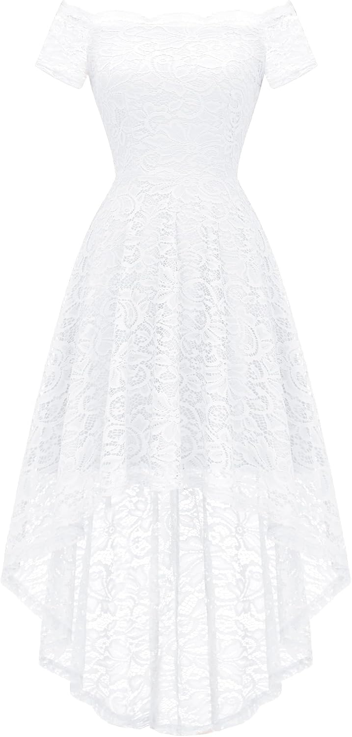 Dressystar Women's Lace Off Shoulder Cocktail Formal Wedding Guest Dress | Hi Lo Bridesmaid Wedding Dresses,Short Sleeve Party Swing Dress, A Line Design,Convertible Neckline,Soft Lace Long Dress
